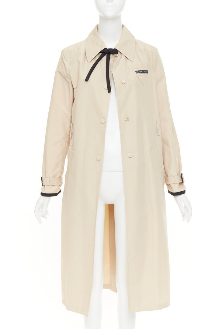 PRADA 2019 beige cotton black bow tie logo tape belted trench coat IT42 M