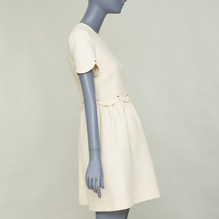 VALENTINO ivory Crepe Couture silver Rockstud scalloped Bambolina dress IT42 M