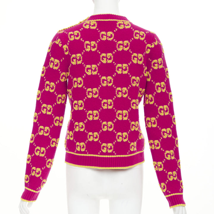 GUCCI 2022 magenta yellow wool GG monogram jacquard cropped sweater XS