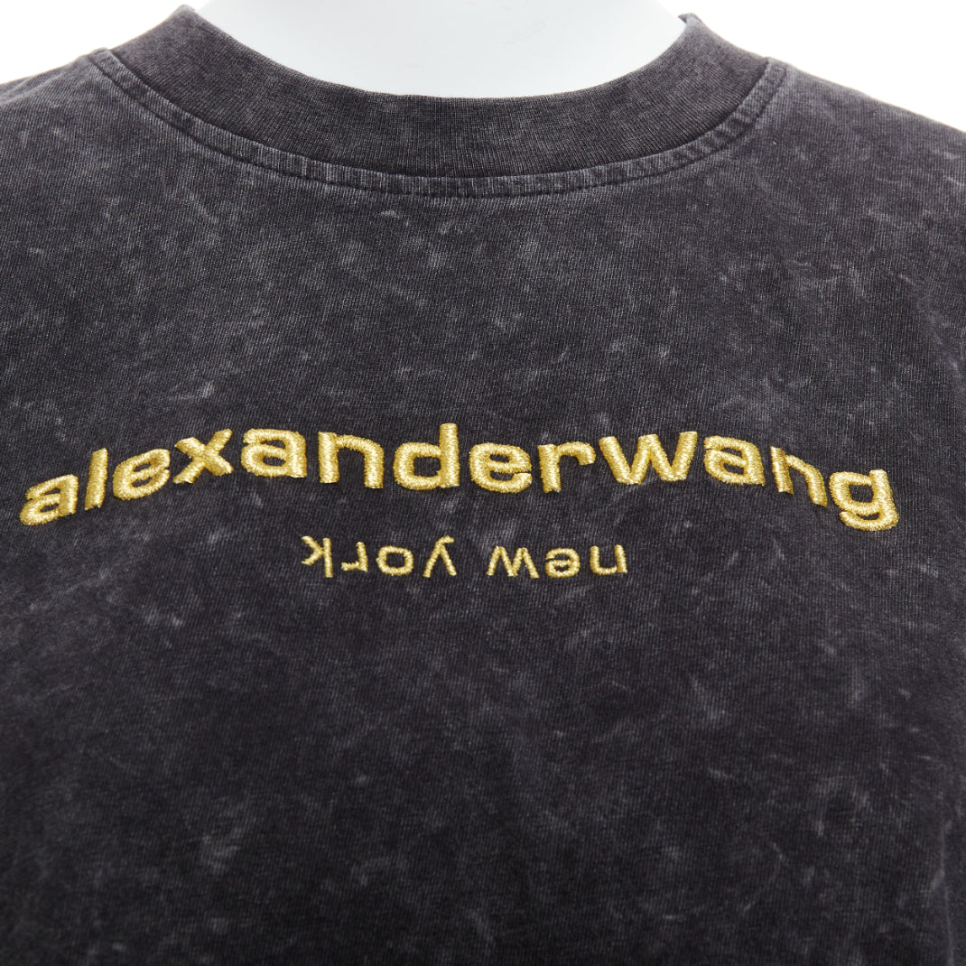 ALEXANDER WANG gold embroidered logo grey acid washed crop tshirt XS