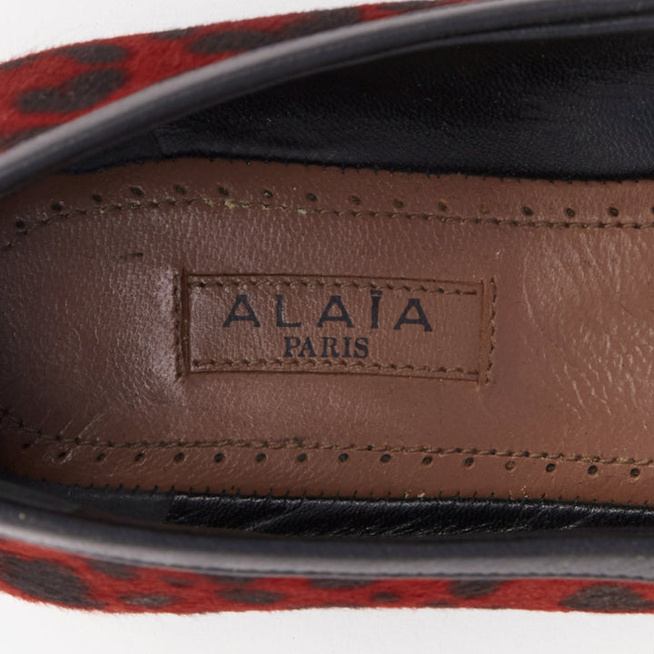 ALAIA red calf hair leopard print black leather trim ballet flats EU37.5