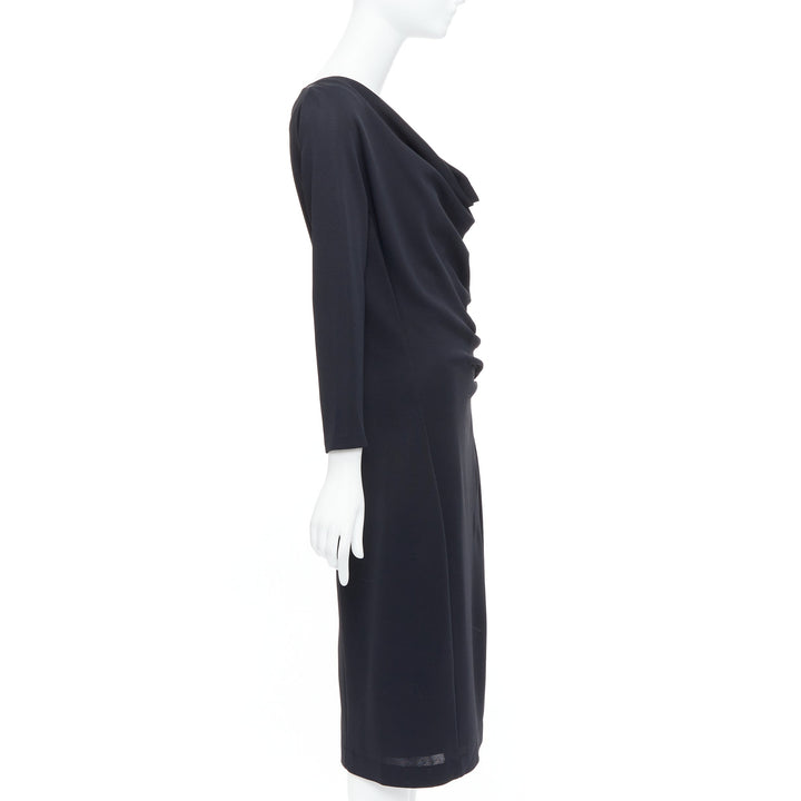 DONNA KARAN black draped cowl neck long sleeve midi dress L