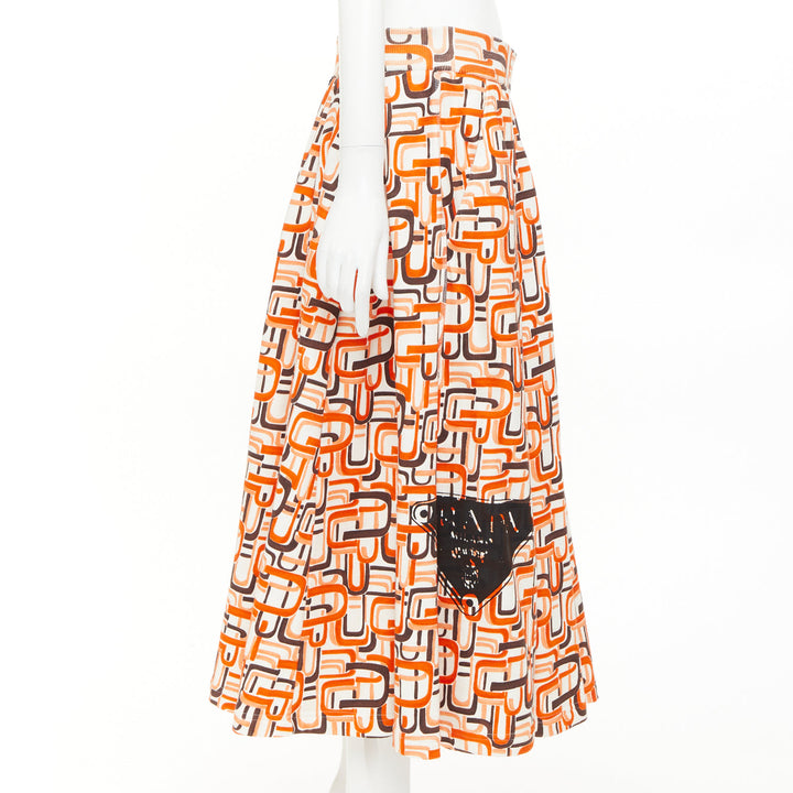 PRADA 2021 Runway orange geometric link print triangle logo cotton midi skirt M