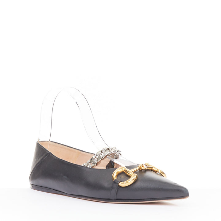 GUCCI 2020 Deva black leather horsebit chain strap pointed ballet flats EU38