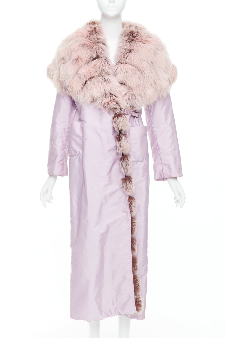 ERMANNO SCERVINO pink fur collar purple nylon wool lined robe coat IT38 XS