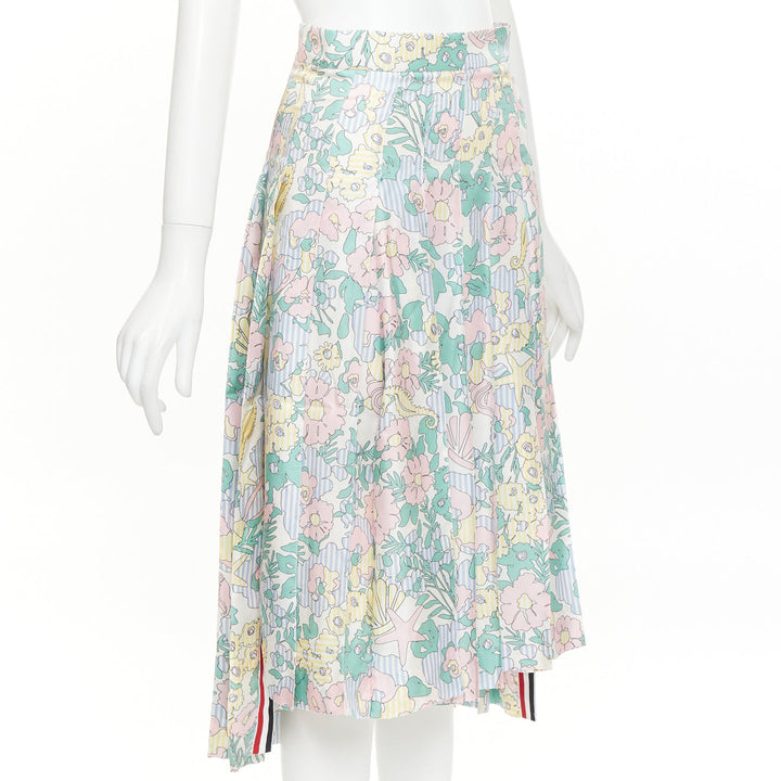 THOM BROWNE green pink yellow silk floral marine motif midi skirt IT36 XXS