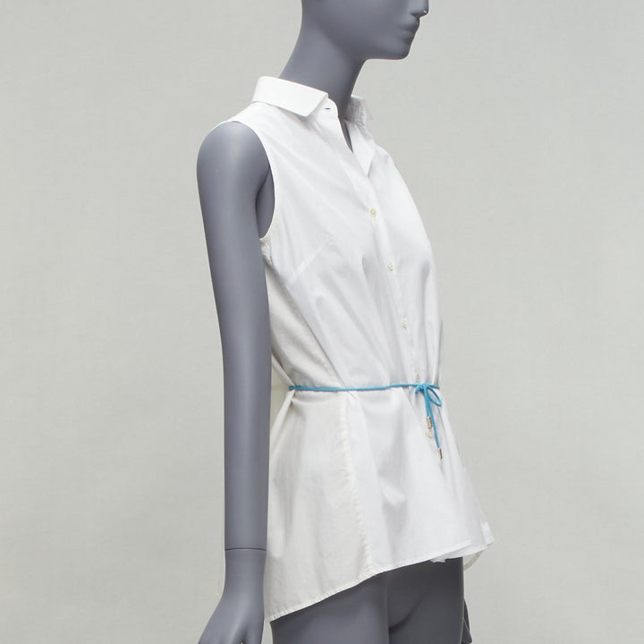 PALMER HARDING blue drawstring tie back white flare sleeveless shirt UK6 XS