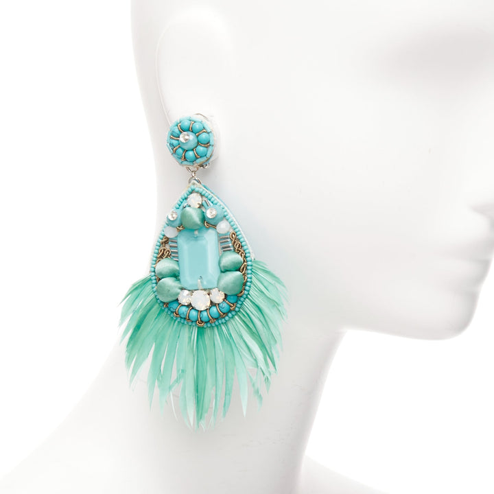 RANJANA KHAN teal green feather beads big dangling clip on earrings