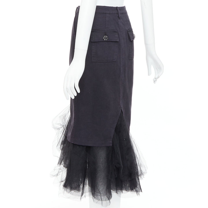 LE SUPERBE black denim tulle hem overlay crystal button midi skirt US0 XS