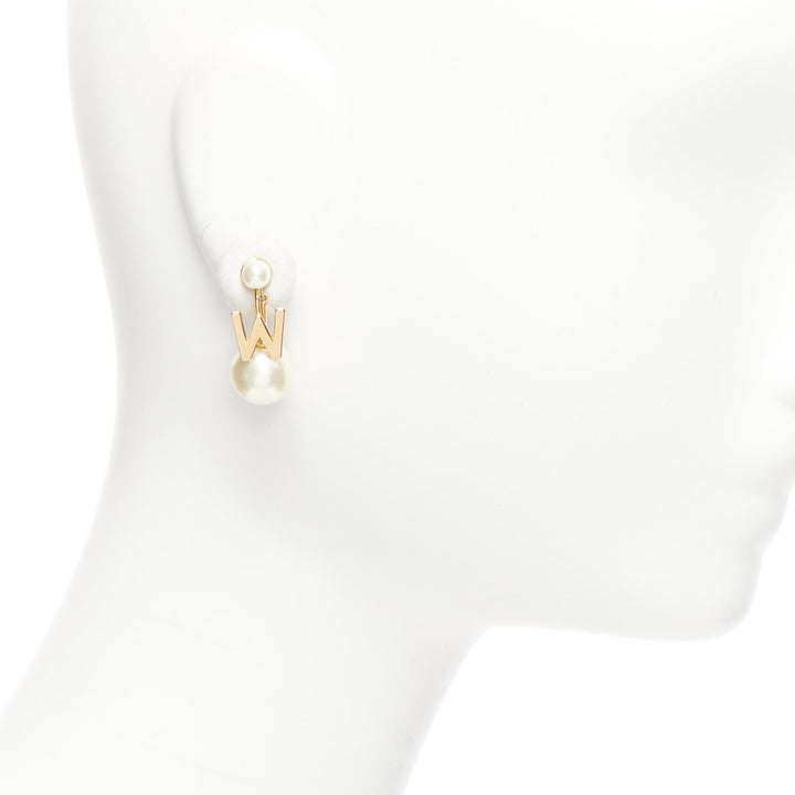 DIOR Tribales gold metal Letter W faux pearl dangling pin earring single