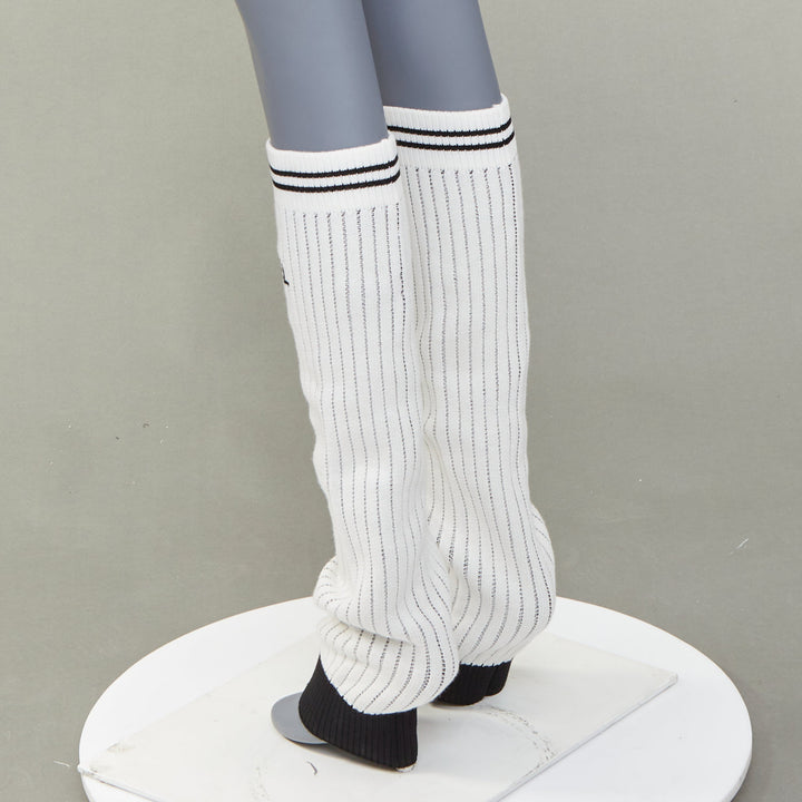 CHANEL 2024 Runway CC logo white black ribbed knit striped trim leg warmers OS