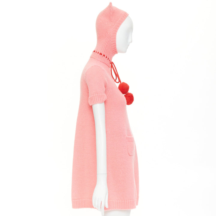 rare GUCCI 2021 Epilogue pink wool knit ear hooded pom pom embellished dress XS