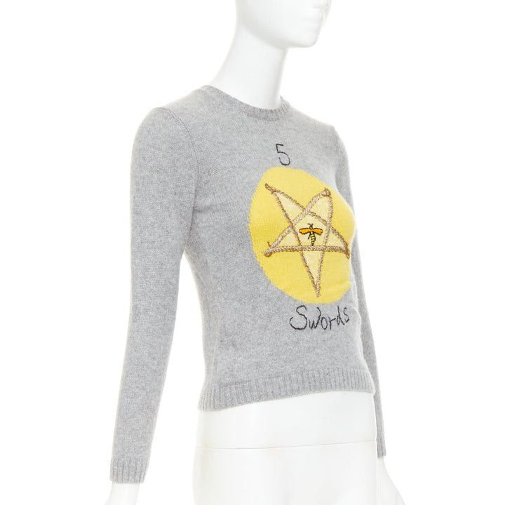 CHRISTIAN DIOR 100% cashmere 5 Swords grey yellow embroidered sweater  FR34 XS