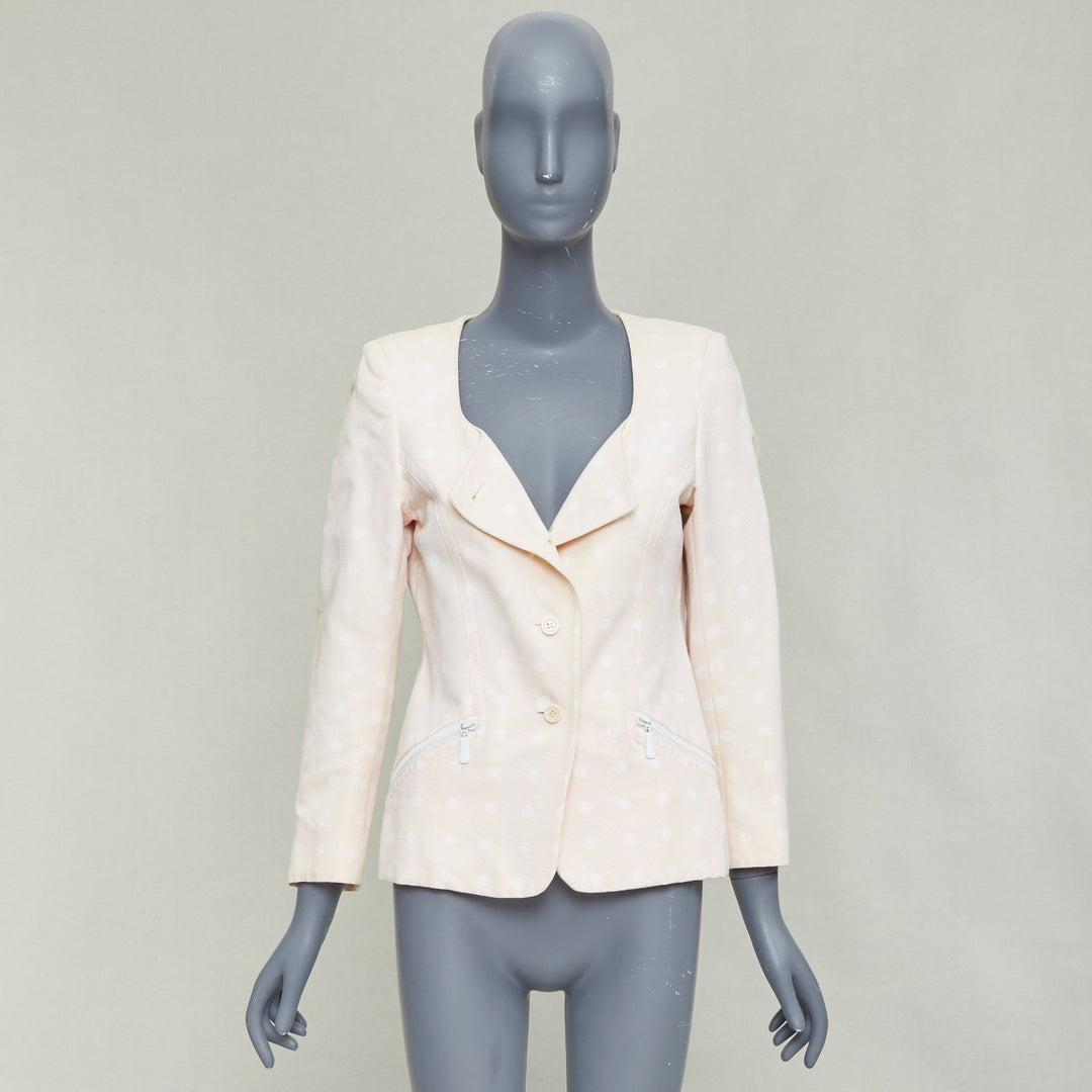 ESCADA Vintage pink cream polka dot cotton power shoulder blazer jacket IT36 XXS