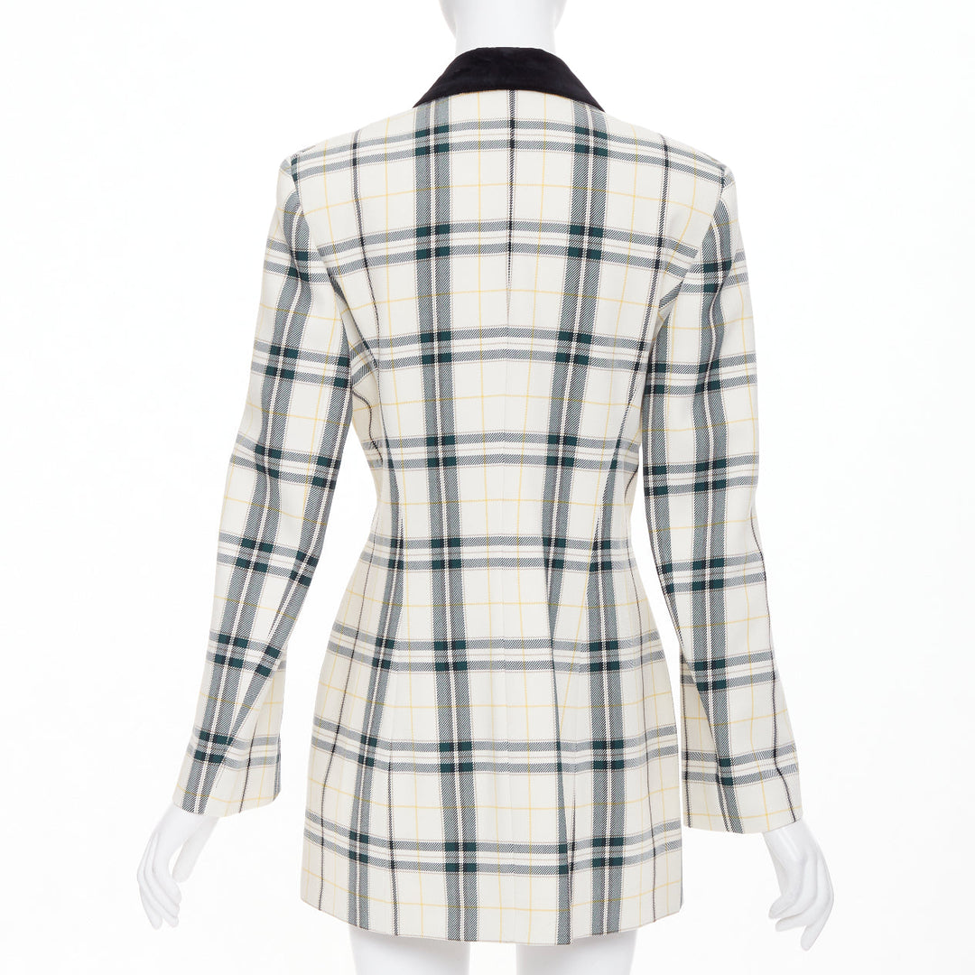 OLIVIER THEYSKENS cream green plaid check velvet collar fitted jacket IT38 XS