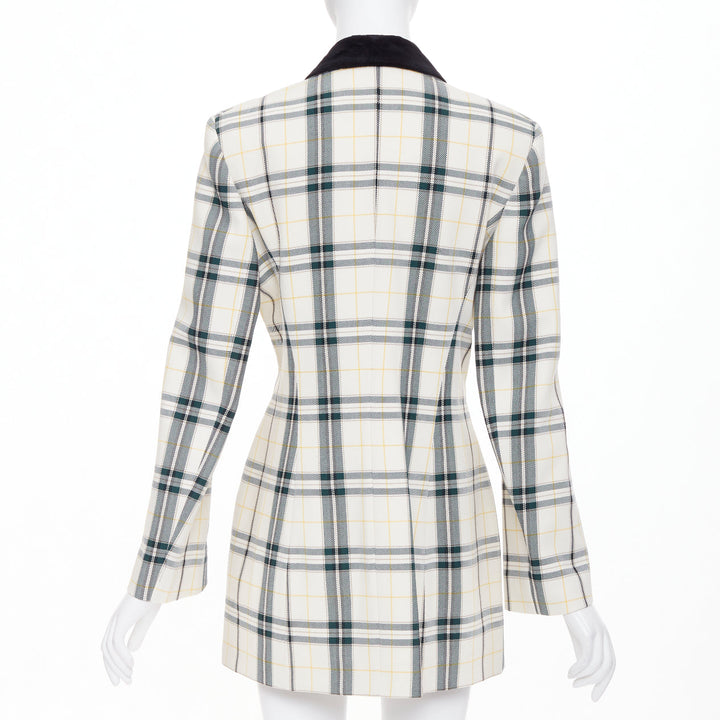 OLIVIER THEYSKENS cream green plaid check velvet collar fitted jacket IT38 XS