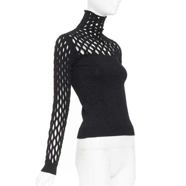 VALENTINO Piccioli 2021 black diamond lattice open-work knit turtleneck  M
