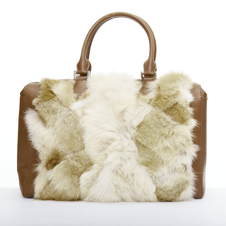 MICHAEL KORS COLLECTION brown leather cream coyote fur duffel tote bag