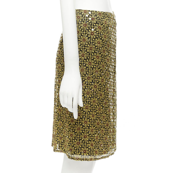 VERSUS Vintage 100% silk yellow black sequins mid rise knee skirt 26"