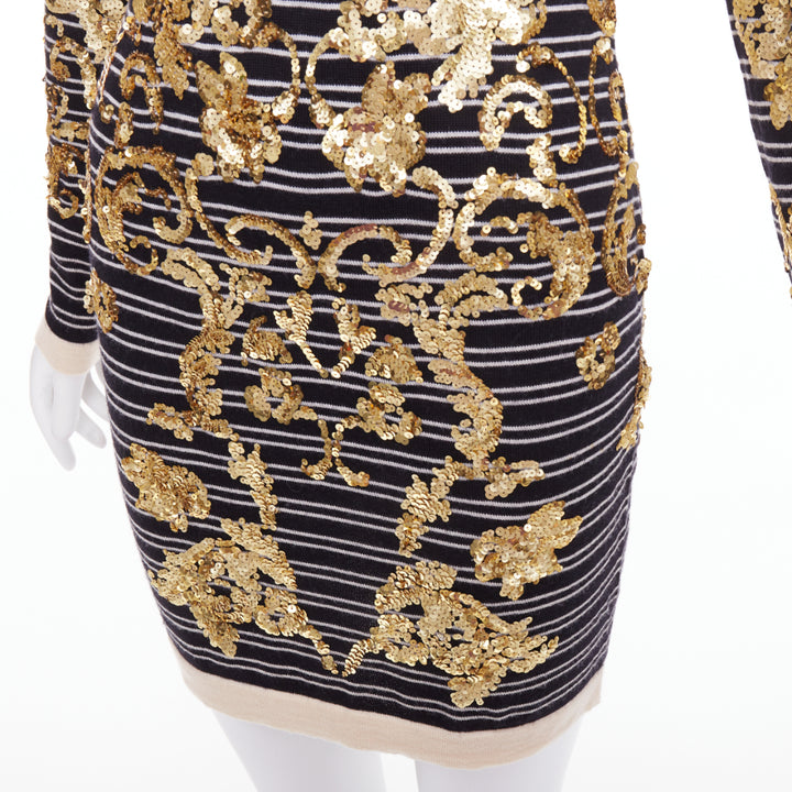 MARKUS LUPFER gold sequins black 100% merino wool striped sweater dress S