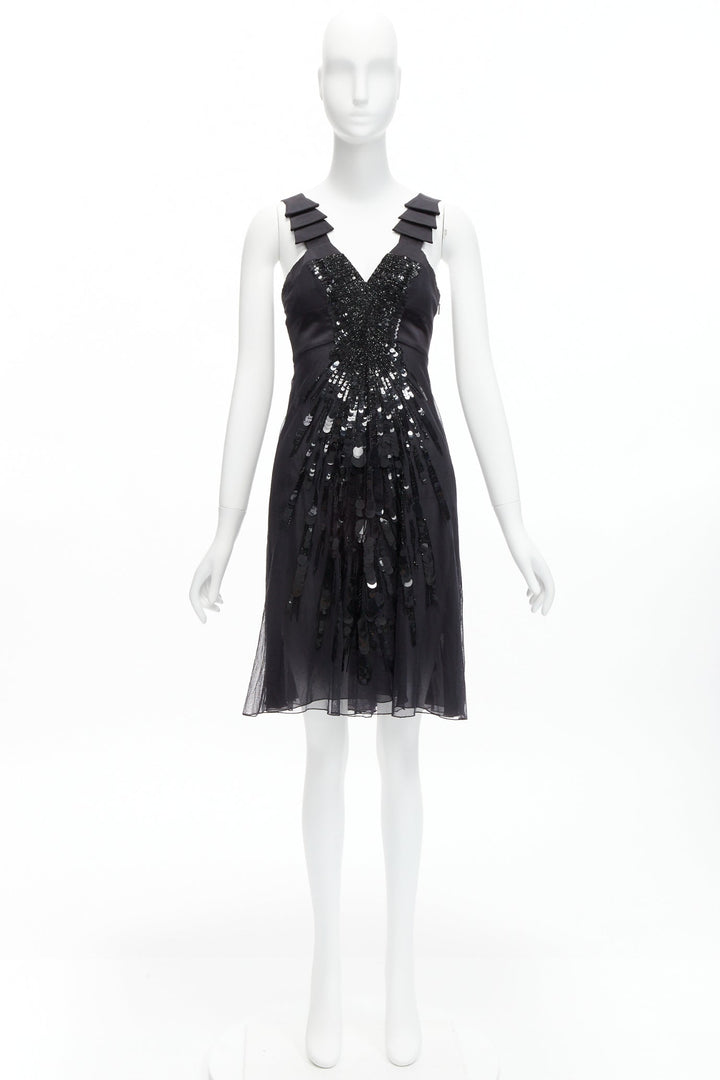 rare VERSACE 2008 black sequins bead embellishment ruffle strap dress IT38 XS