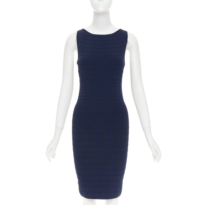 DONNA KARAN navy viscose blend bateau neck bandage bodycon dress S