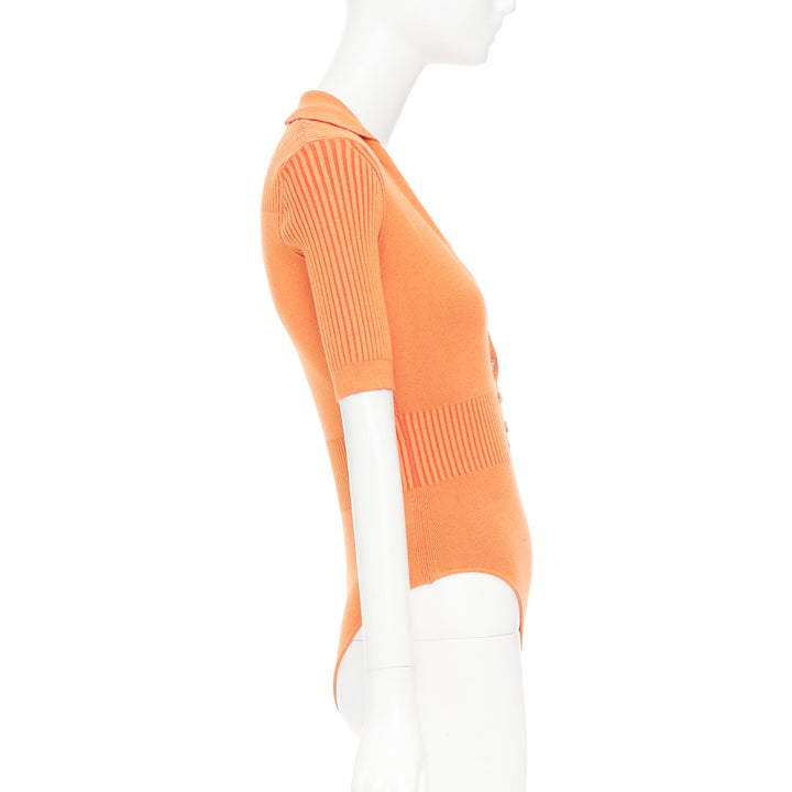 JACQUEMUS Le Body Yauco orange ribbed knit plunge polo bodysuit top FR36 S