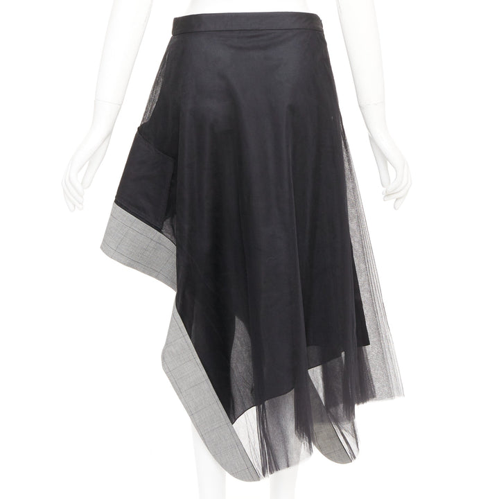 MONSE black nylon tulle wool glen plaid deconstructed asymmetric skirt US0 XS
