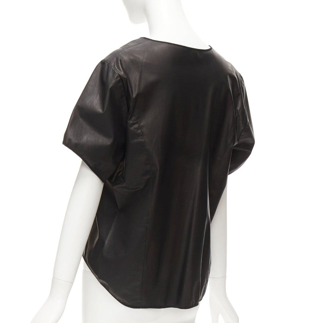 THEYSKENS THEORY black 100% calf leather 3D flare sleeve hi low hem top S