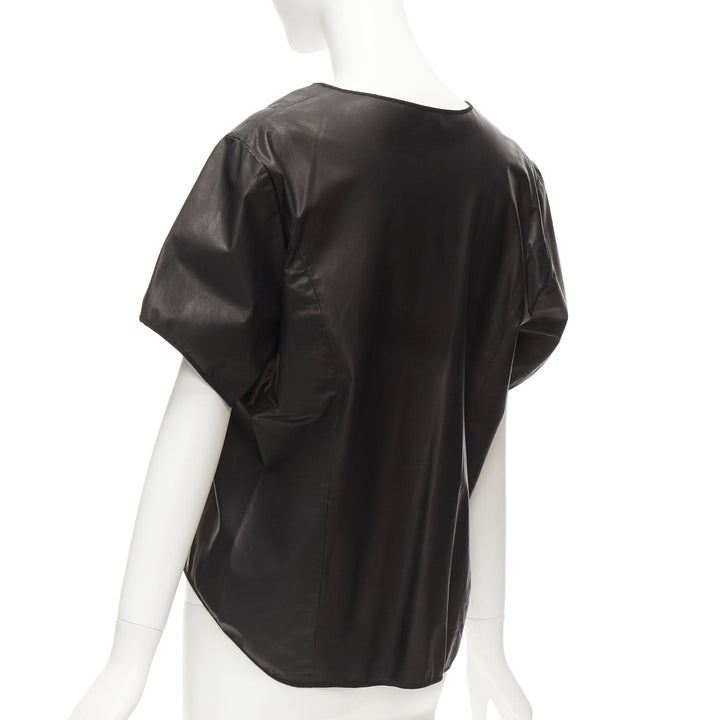 THEYSKENS THEORY black 100% calf leather 3D flare sleeve hi low hem top S