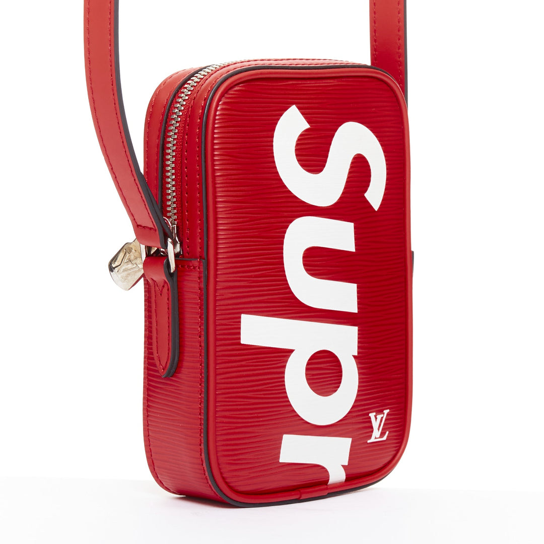 LOUIS VUITTON SUPREME 2017 Epi Danube PM red white logo leather crossbody bag