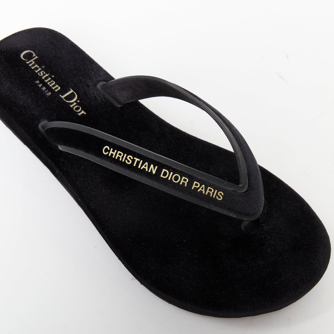 CHRISTIAN DIOR 2023 Diorsea black velvet gold letter platform thong sandals EU37