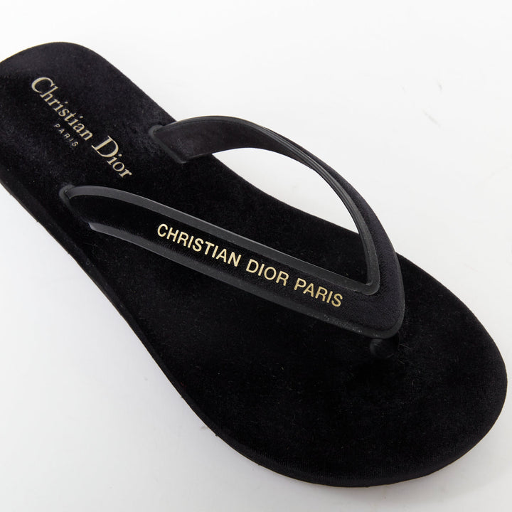 CHRISTIAN DIOR 2023 Diorsea black velvet gold letter platform thong sandals EU37