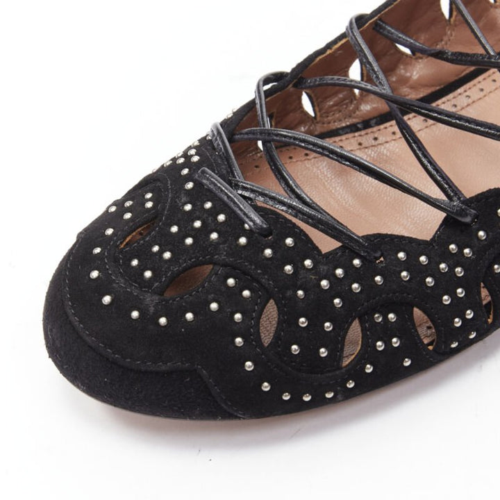 ALAIA black suede silver studed circle cut out lace up ballerina flats EU37