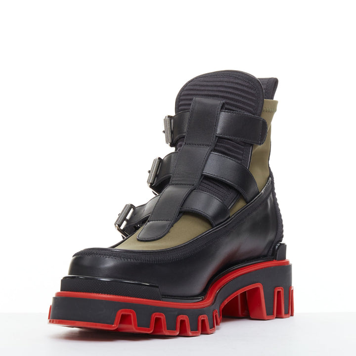 CHRISTIAN LOUBOUTIN Buckle Dune  green nylon leather ridged sole boot EU44