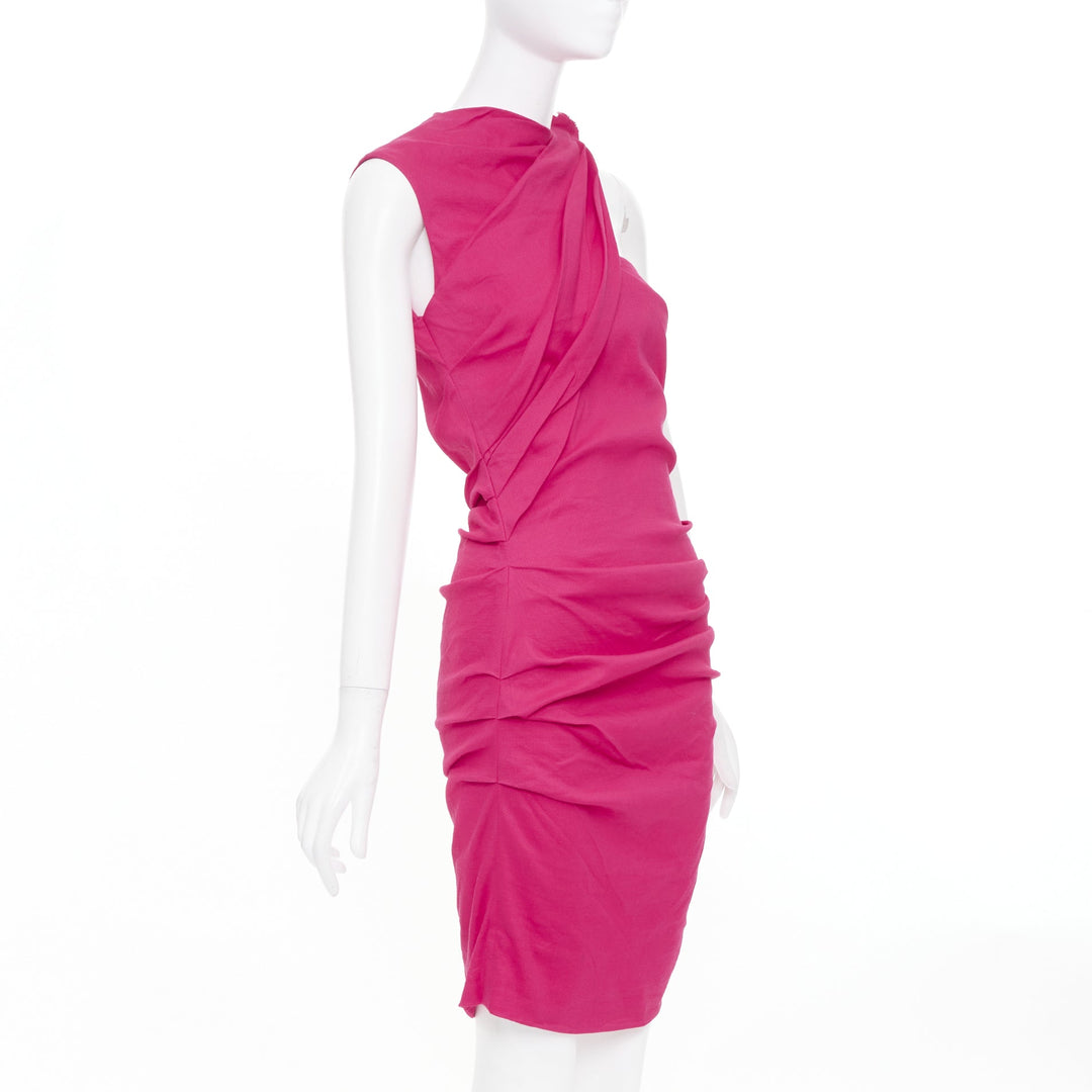 LANVIN 2014 hot pink linen draped asymmetric shoulder cocktail dress FR38 M