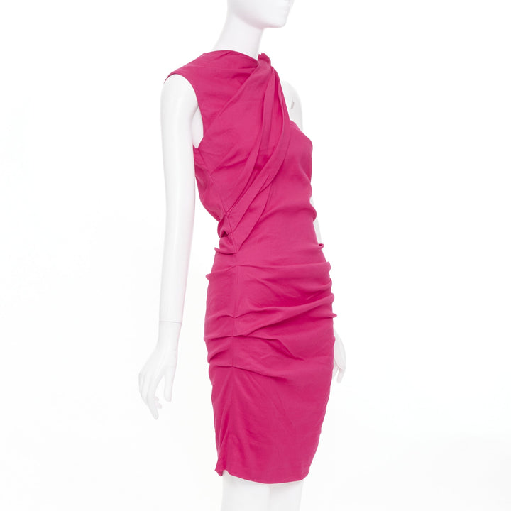LANVIN 2014 hot pink linen draped asymmetric shoulder cocktail dress FR38 M