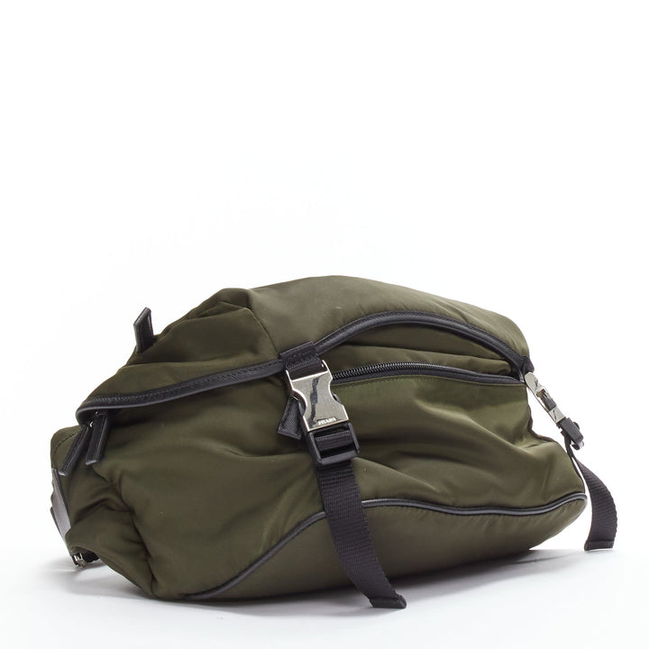 PRADA khaki green triangle logo nylon black strap crossbody bag