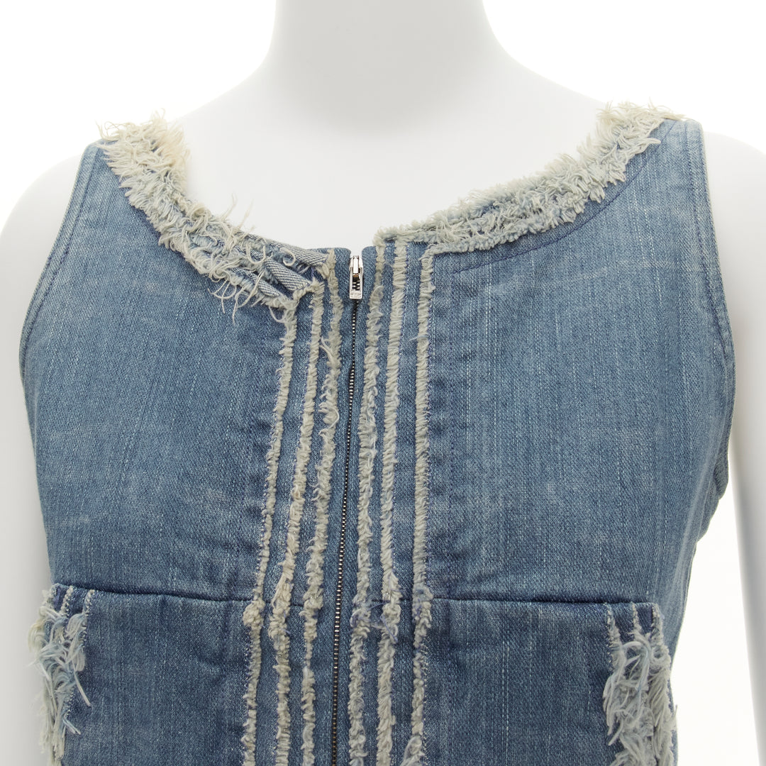 CHANEL 08A Carousel Runway blue distressed denim pocketed zip front dress FR36 S