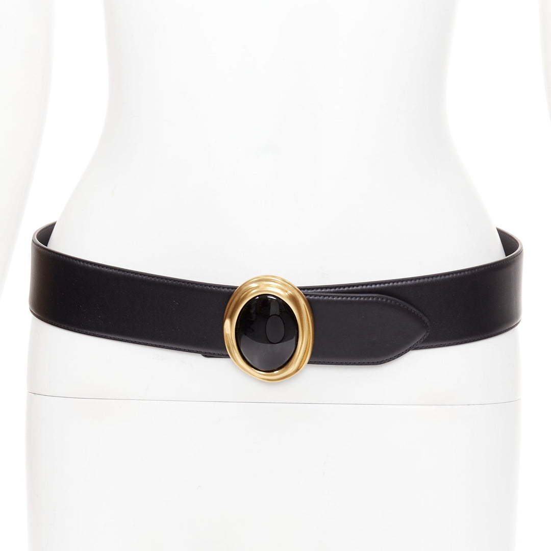 SAINT LAURENT 2021 Cabochon Wide Belt gold oval buckle  black leather belt 65cm