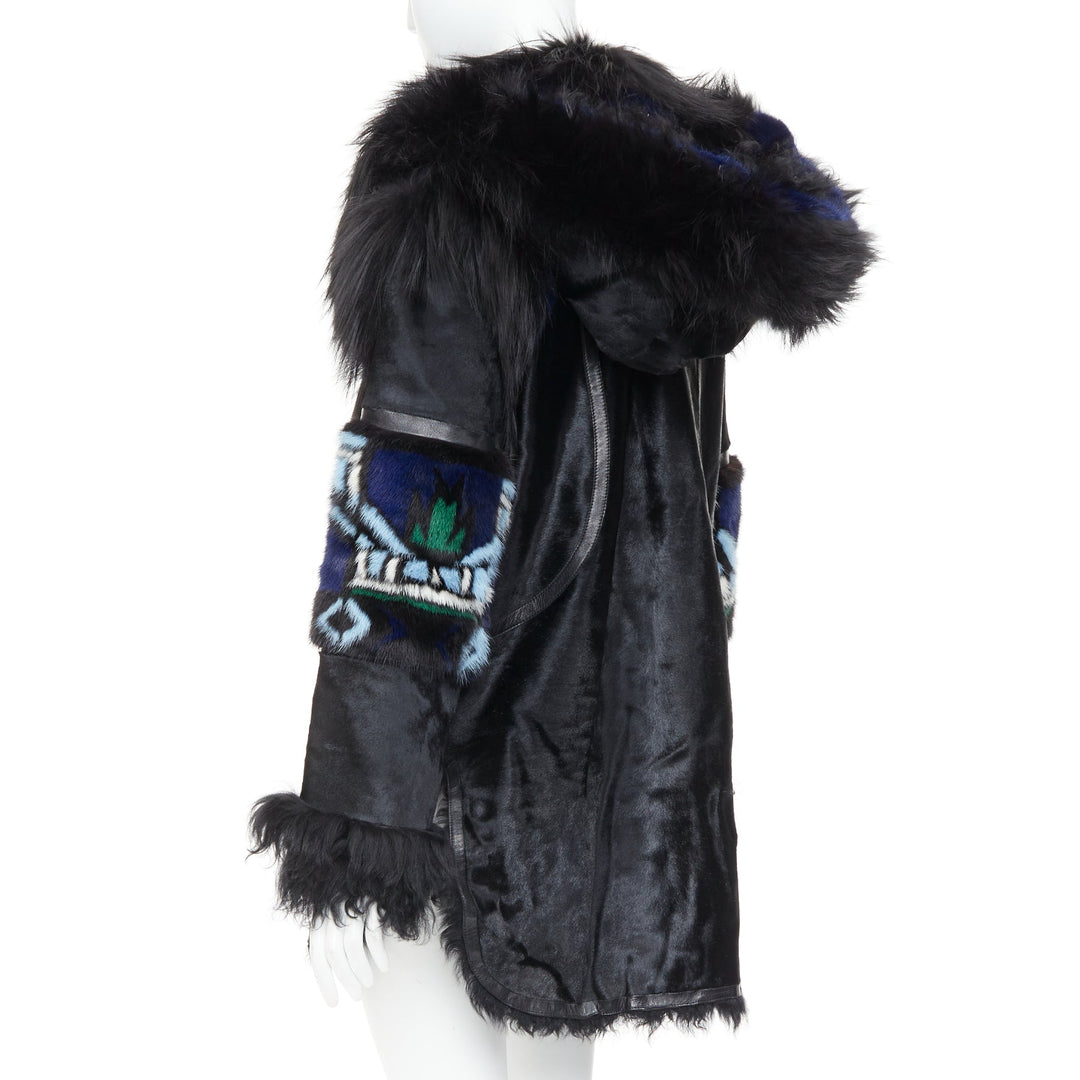 EMILIO PUCCI Vintage ethnic black calf mixed shearling raccoon fur coat IT40 S