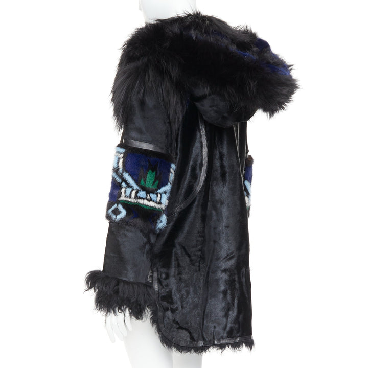 EMILIO PUCCI Vintage ethnic black calf mixed shearling raccoon fur coat IT40 S