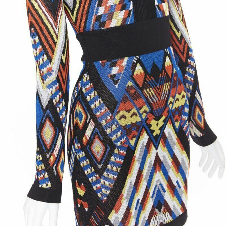 BALMAIN ethnic tribal knitted lace V-neck bodycon mini dress FR38 M