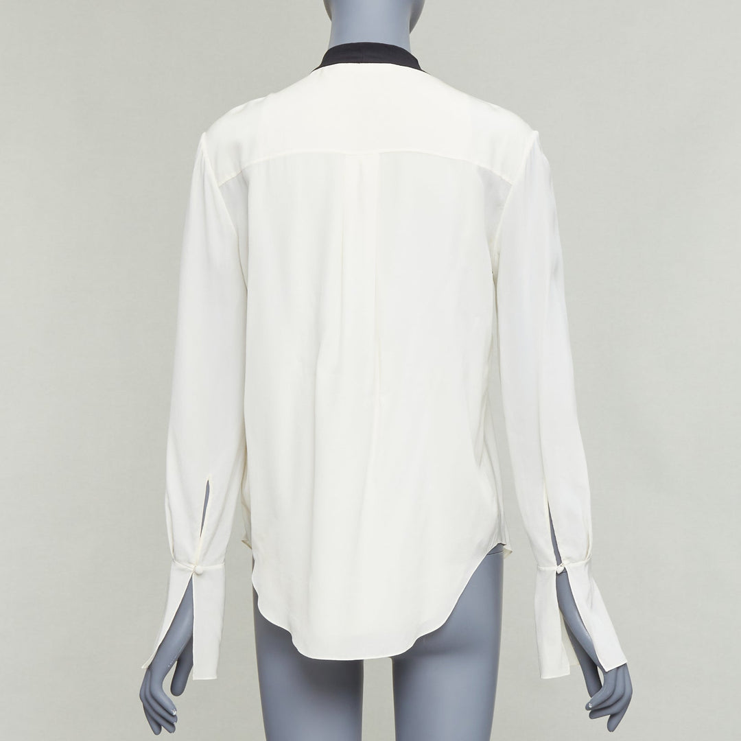 CHLOE milk cream black 100% silk tie neck ruffled peasant blouse FR36 S