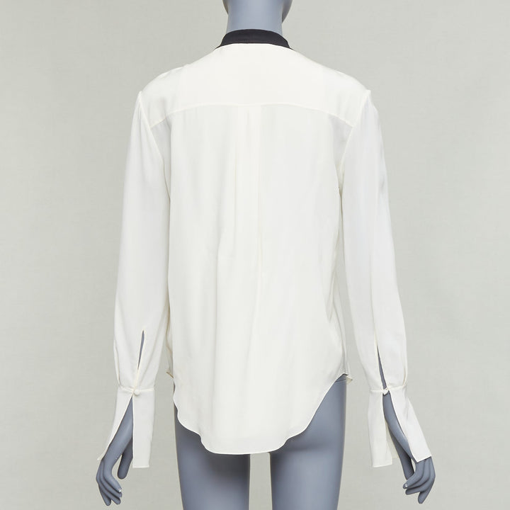 CHLOE milk cream black 100% silk tie neck ruffled peasant blouse FR36 S