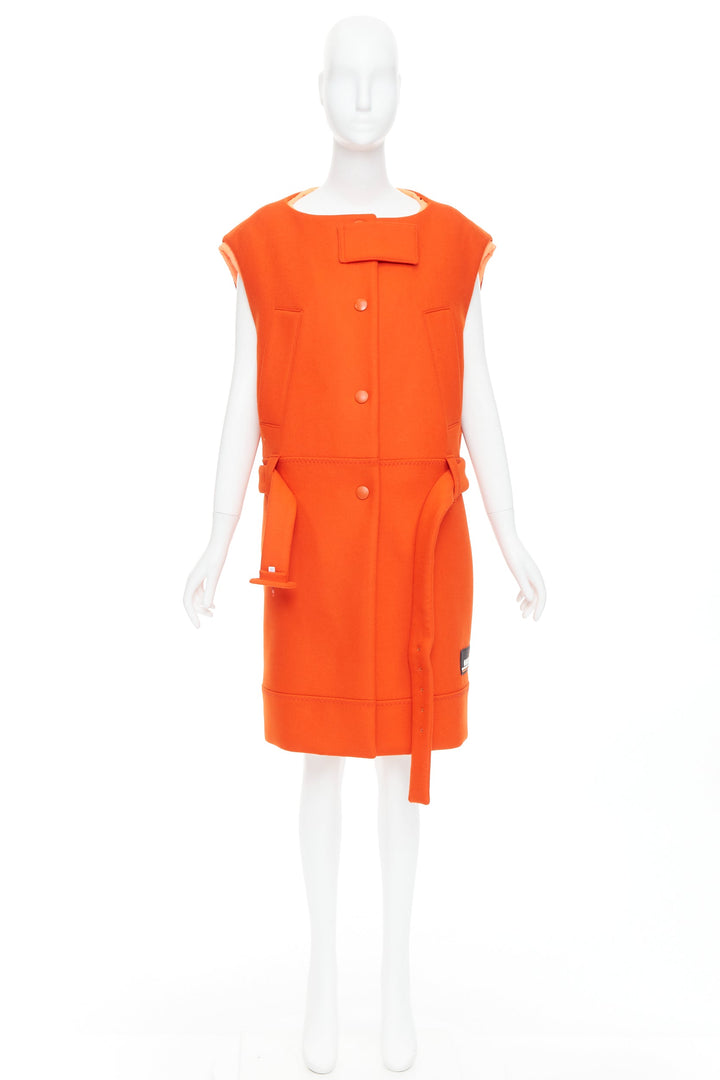 rare PRADA 2018 Runway orange virgin wool belted puffer lined long vest IT38 XS