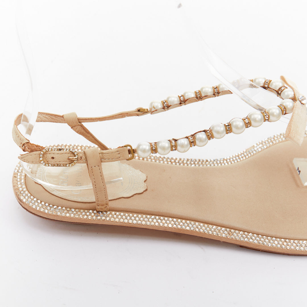 RENE CAOVILLA cream bow faux pearl tstrap strass trim flat sandals EU36