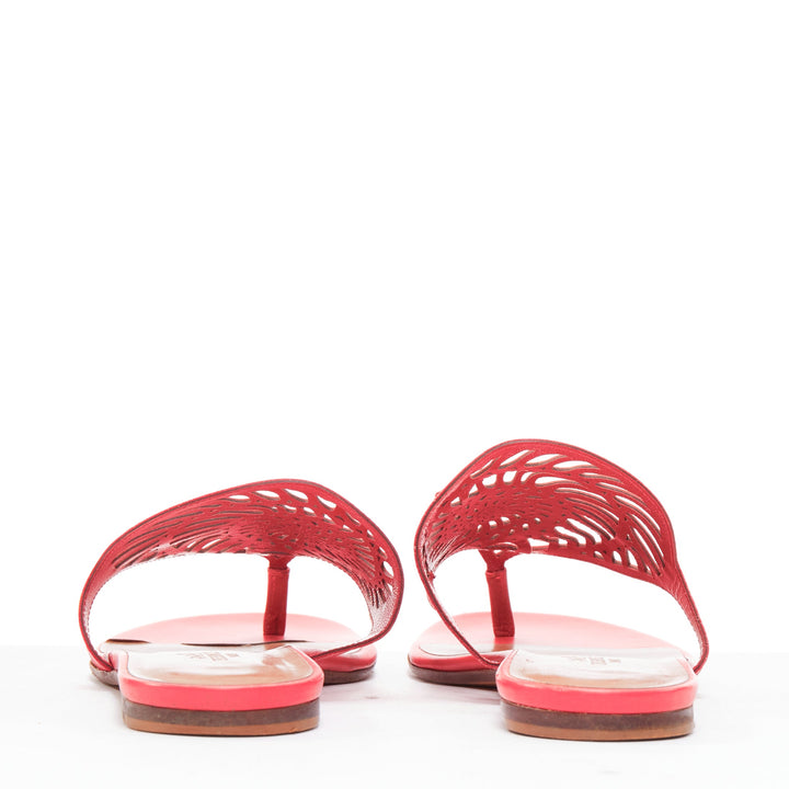 HERMES Nautilus coral red spiral cut out leather flat thong slippers EU35.5