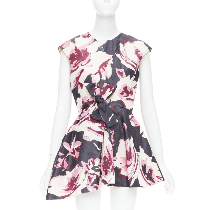 CHRISTIAN DIOR pink cream 100% silk abstract floral print tie waist dress FR38 M