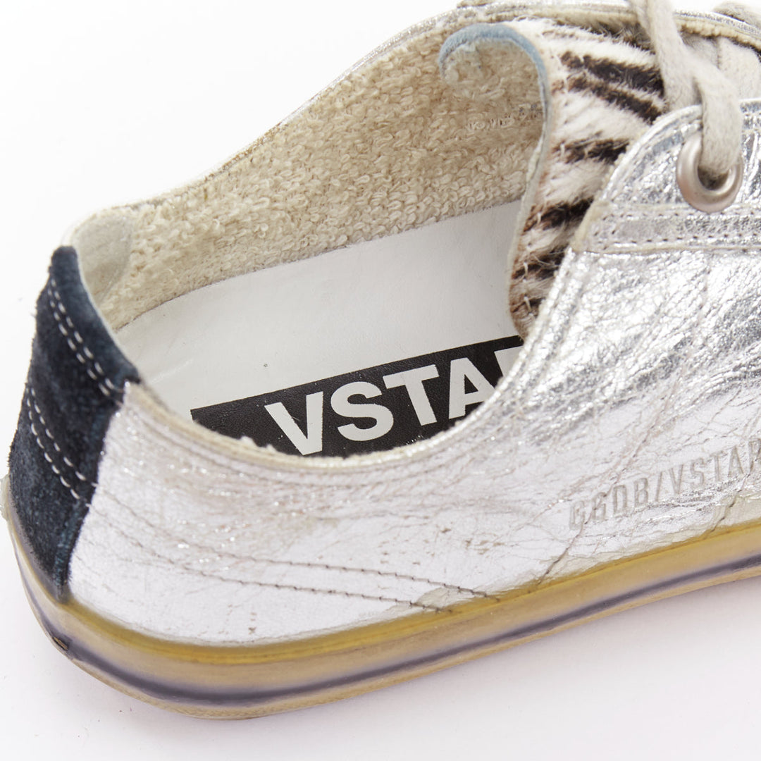 GOLDEN GOOSE May grey suede leopard calf hair silver lace distress sneakers EU37